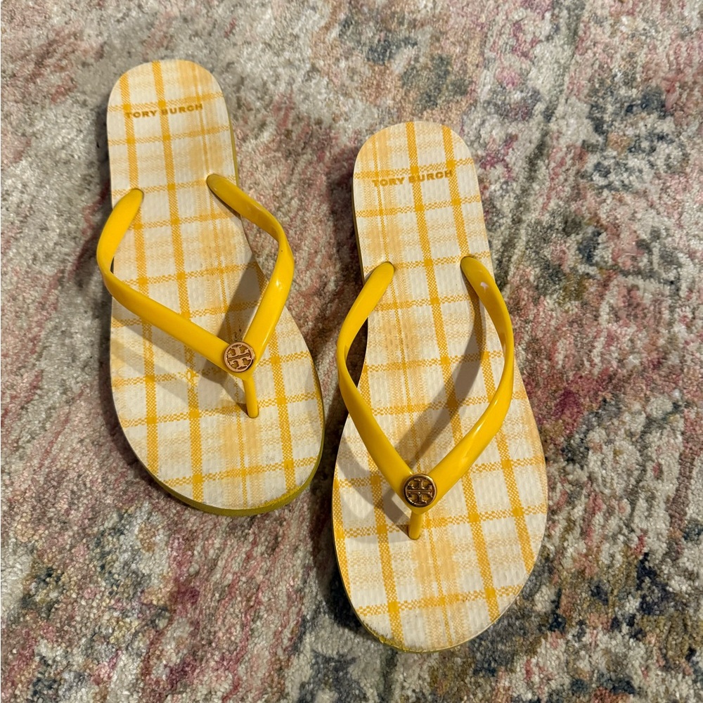 Tory Burch Yellow and White Flip Flops